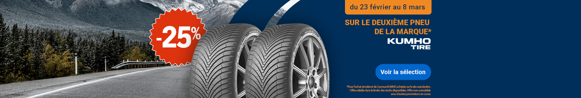 Exclusivité web Kumho Tire : -25% sur le 2e pneu de la marque Kumho du 23 février au 8 mars.